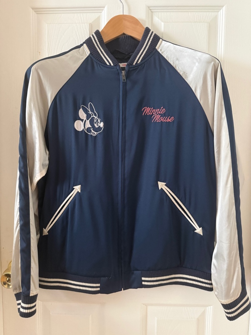 Uniqlo X Disney Satin Navy and Silver Minnie Mouse Varsity Jacket